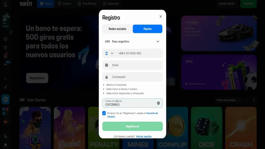 Pantalla de registro para reclamar un bono sin depósito en un casino argentino